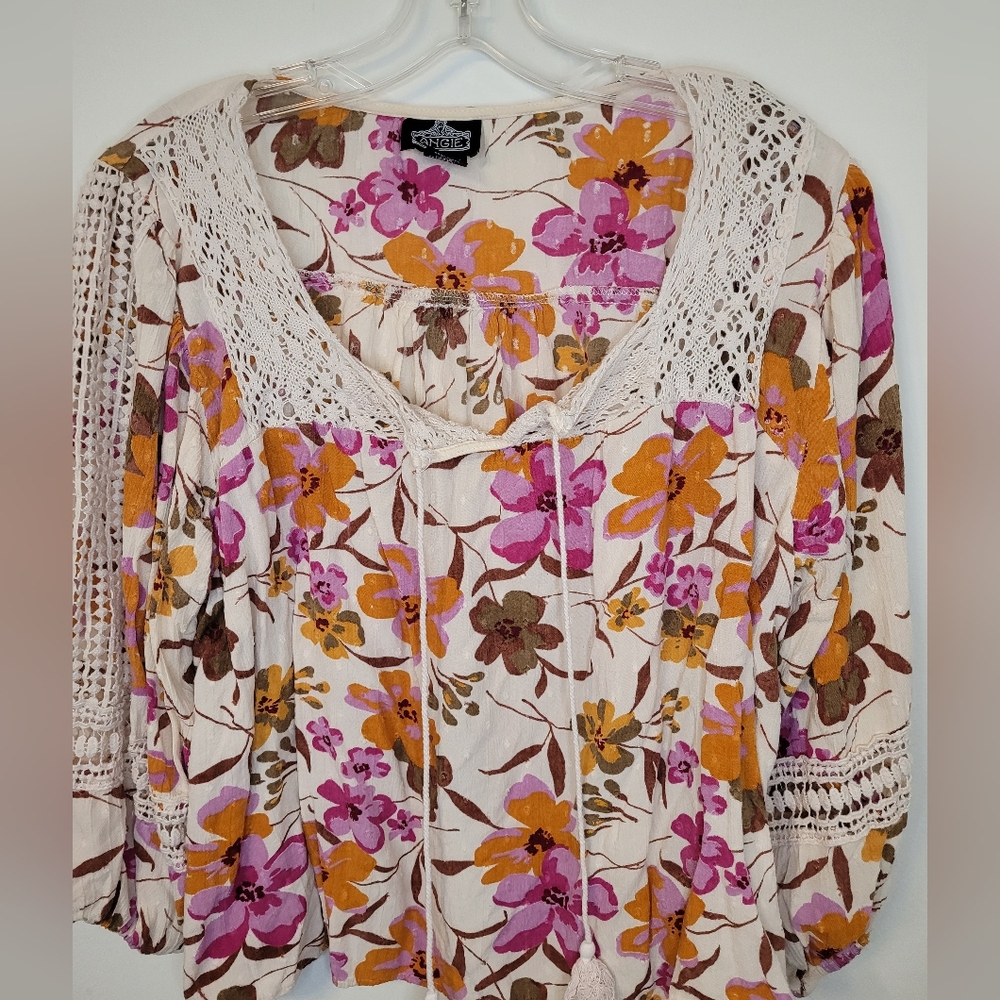 ANGIE Floral Women's Top - Pink and Orange Size M Boho, Balloon Sleeves
